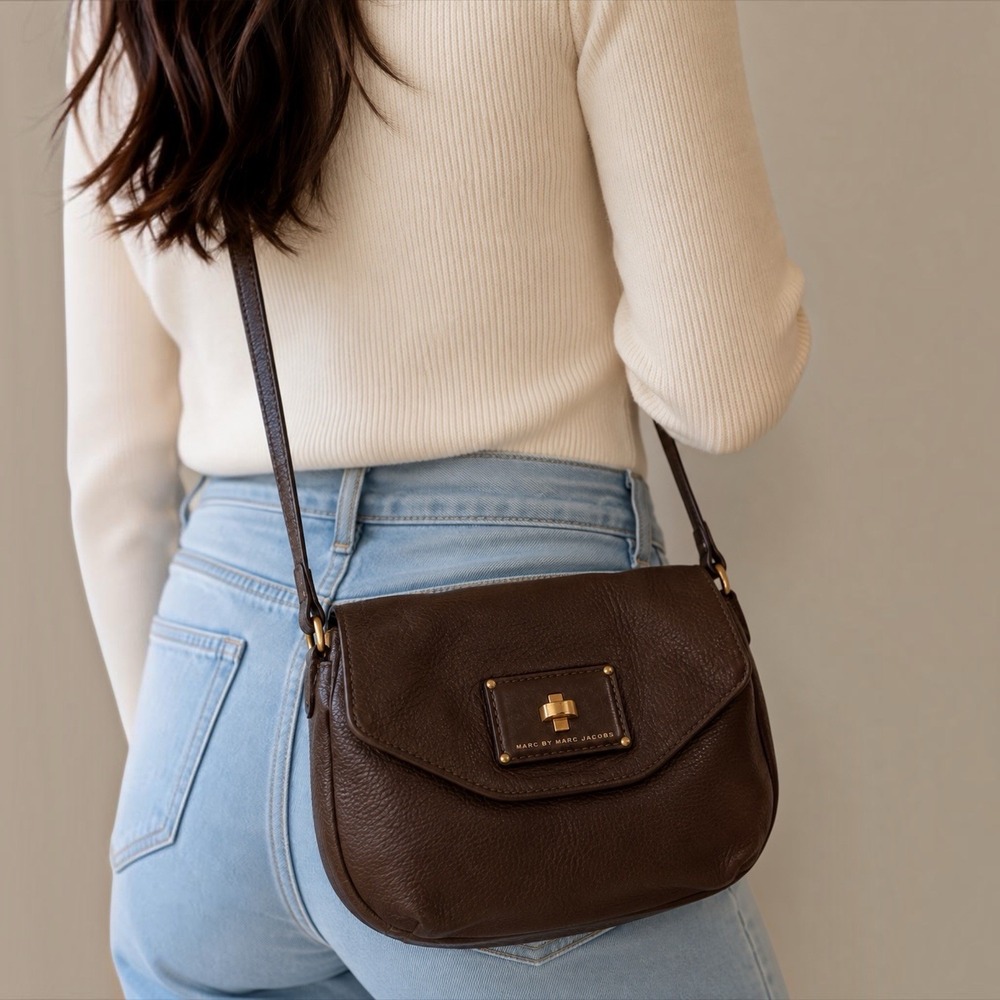 Marc by Marc Jacobs Brown Leather Crossbody Flap Bag Gold Hardware
